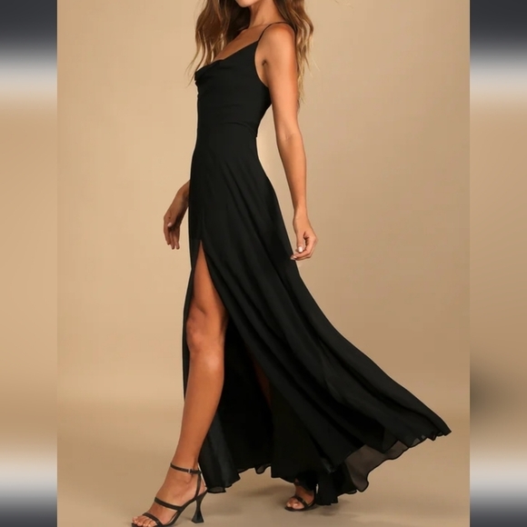 Lulu's Romantically Speaking Black Cowl Lace-Up Maxi Dress - Picture 3 of 8